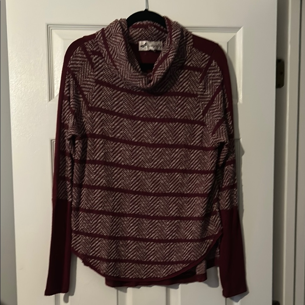 Dragonfly Red and Tan Cowl Neck Sweater with Relaxed Fit and Stripes